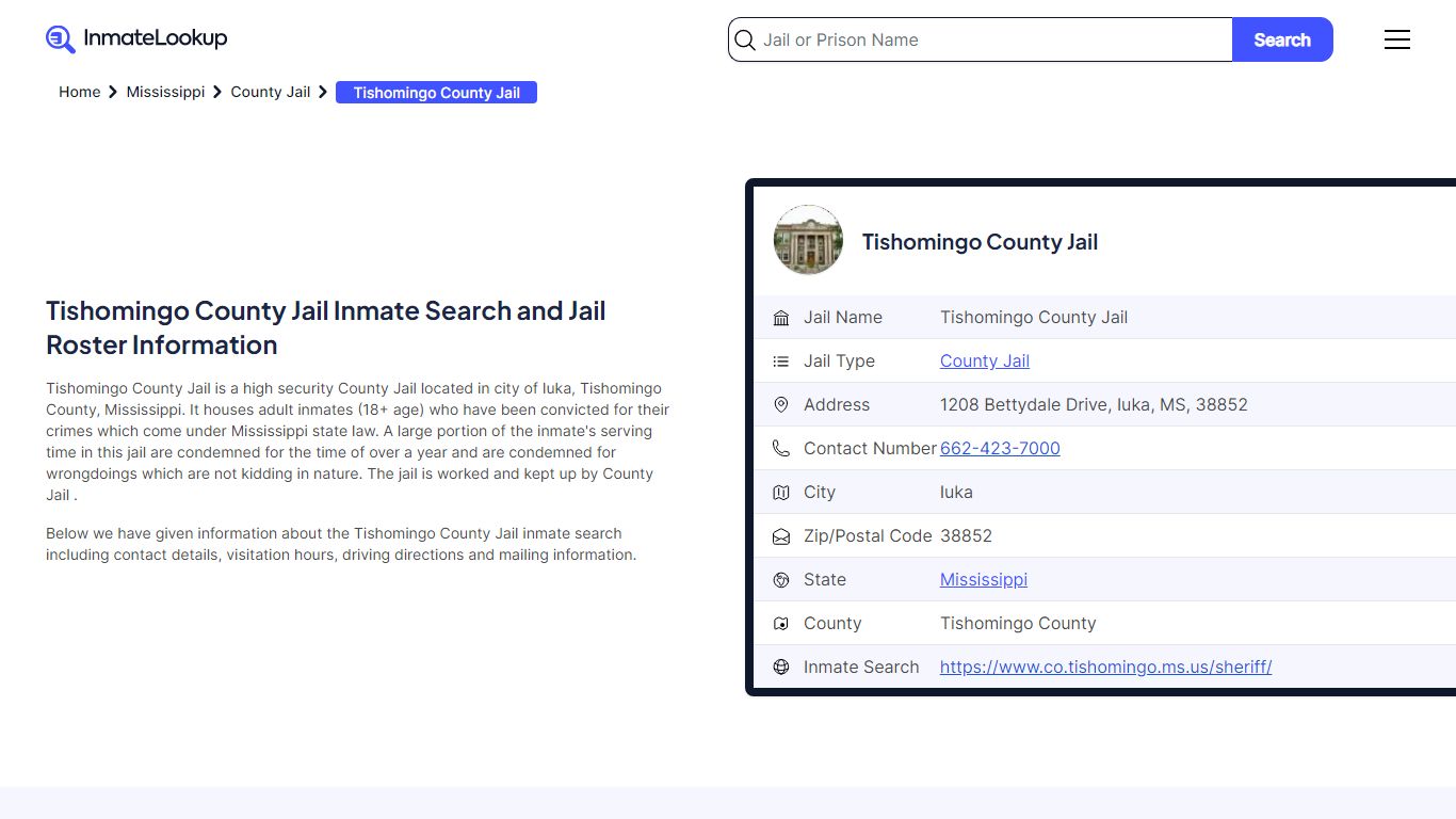 Tishomingo County Jail Inmate Search and Jail Roster Information
